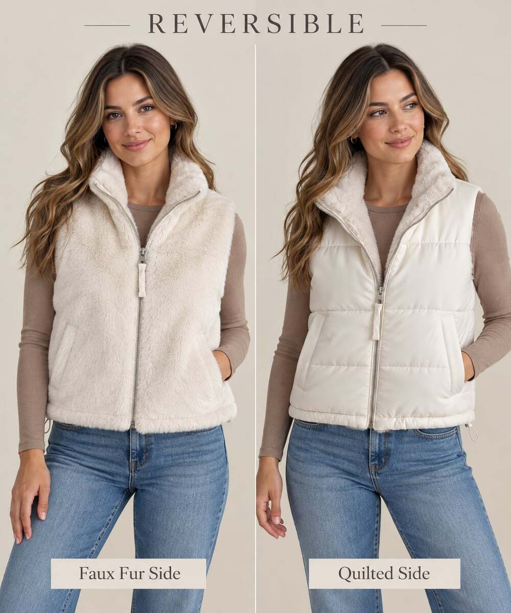 Derek Heart Ivory Reversible Faux Fur & Quilted Puffer Vest M